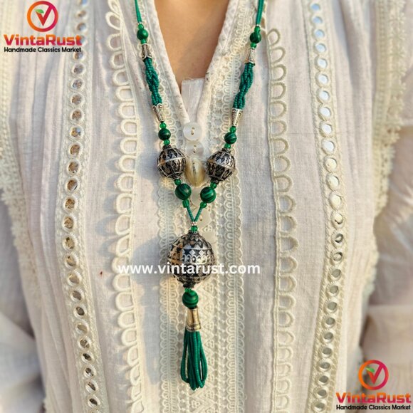 Bohemian Beaded Chain Necklace with Dangling Tassel Pendant, Green Beaded - Picture 1 of 11